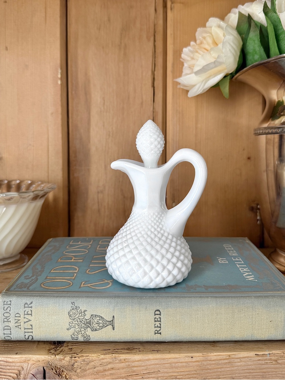 Vintage White Hobnail Milk Glass Cruet Carafe